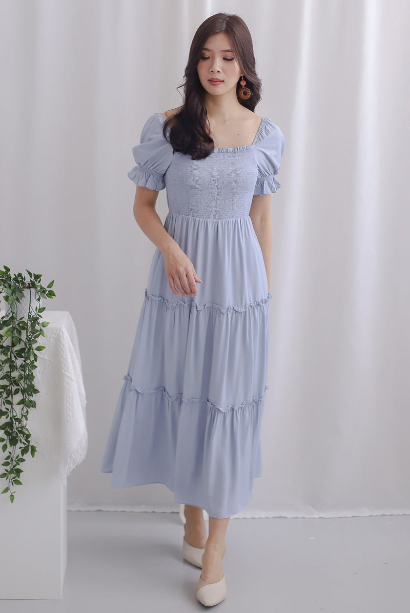 Paulette Sleeved Tiered Maxi Dress In Skyblue