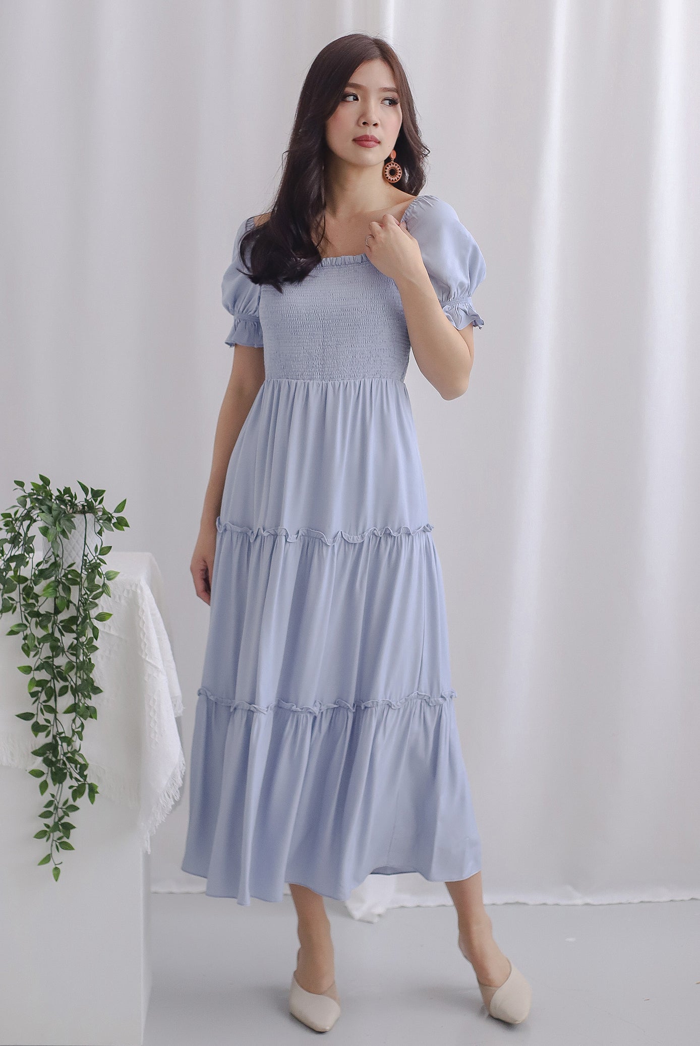 Paulette Sleeved Tiered Maxi Dress In Skyblue