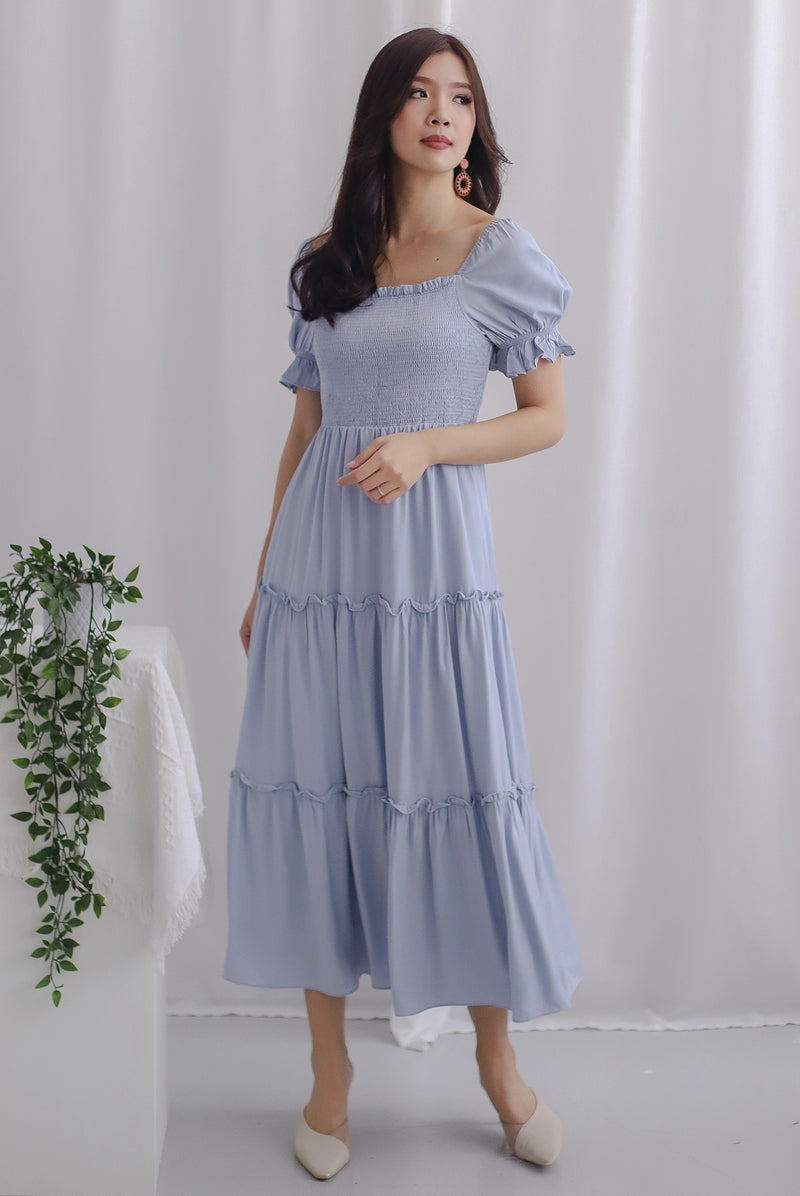 Paulette Sleeved Tiered Maxi Dress In Skyblue