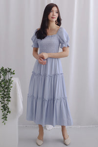 Paulette Sleeved Tiered Maxi Dress In Skyblue