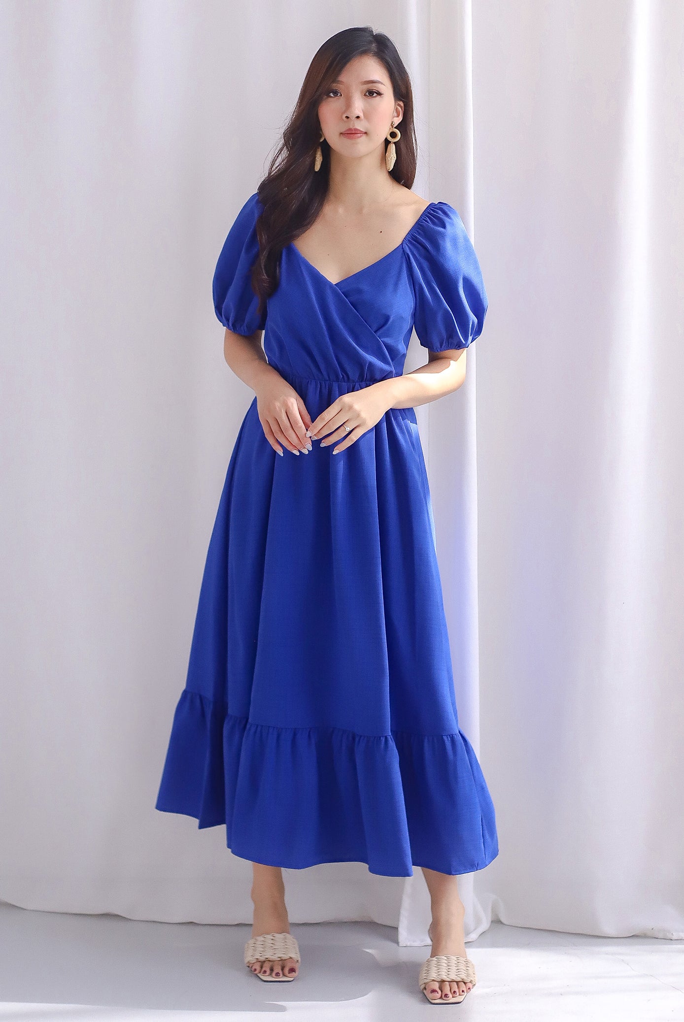 Preston Puffy Sleeve Faux Wrap Front Dress In Cobalt Blue