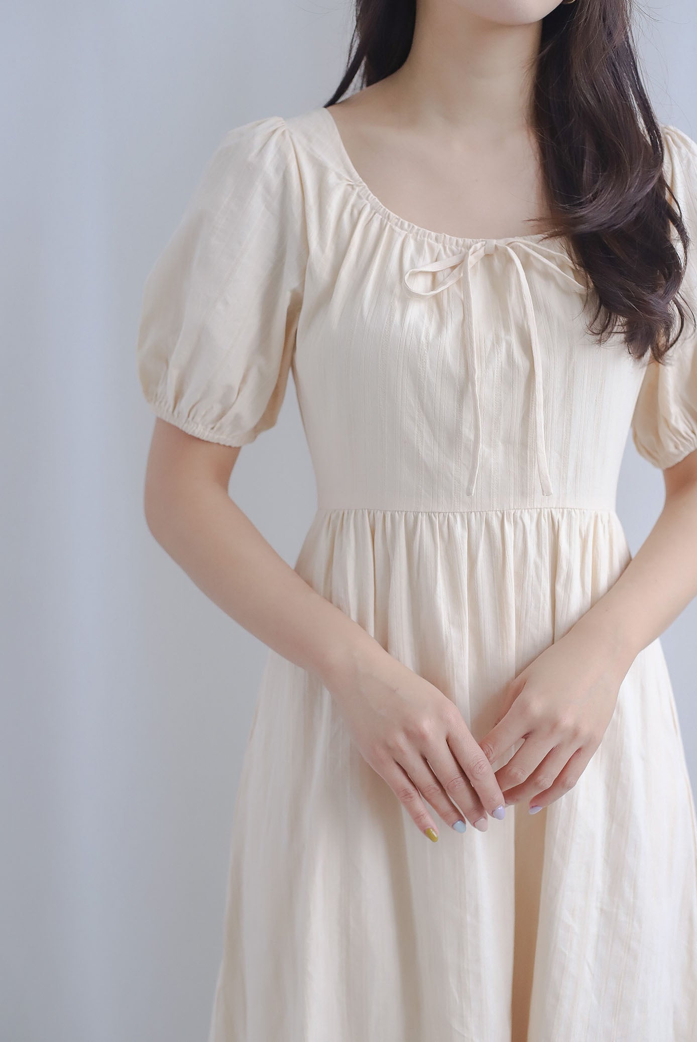 Rainie Texture Tie Up Midi Dress In Ecru