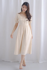 Rainie Texture Tie Up Midi Dress In Ecru