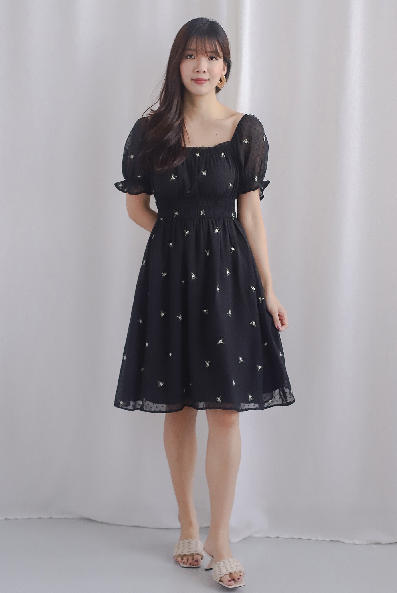 *Restocked* Reese Embro Swiss Dot Puffy Sleeve Dress In Black