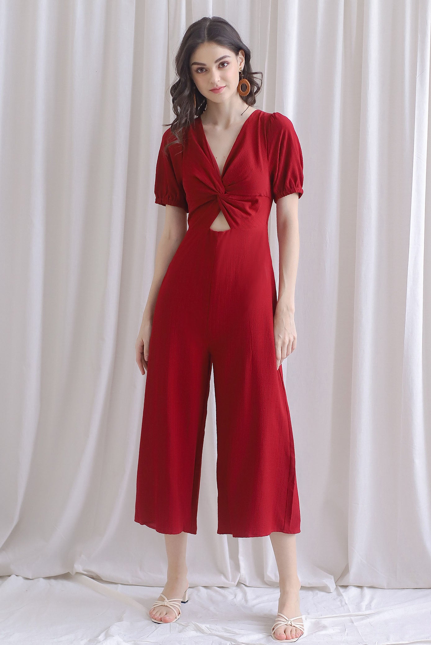 Reeve Twist Knot Cut Out Jumpsuit In Wine Red
