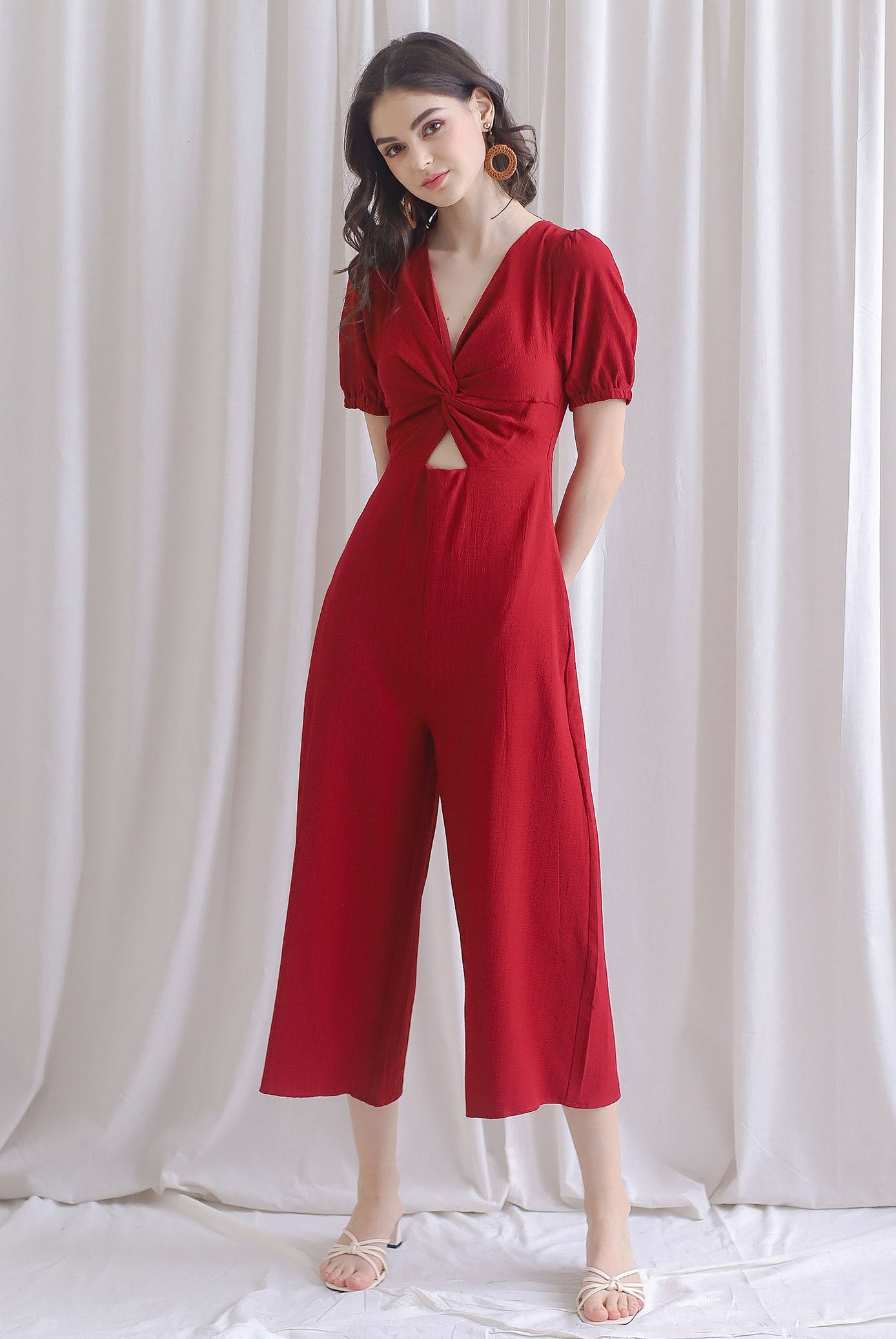Reeve Twist Knot Cut Out Jumpsuit In Wine Red
