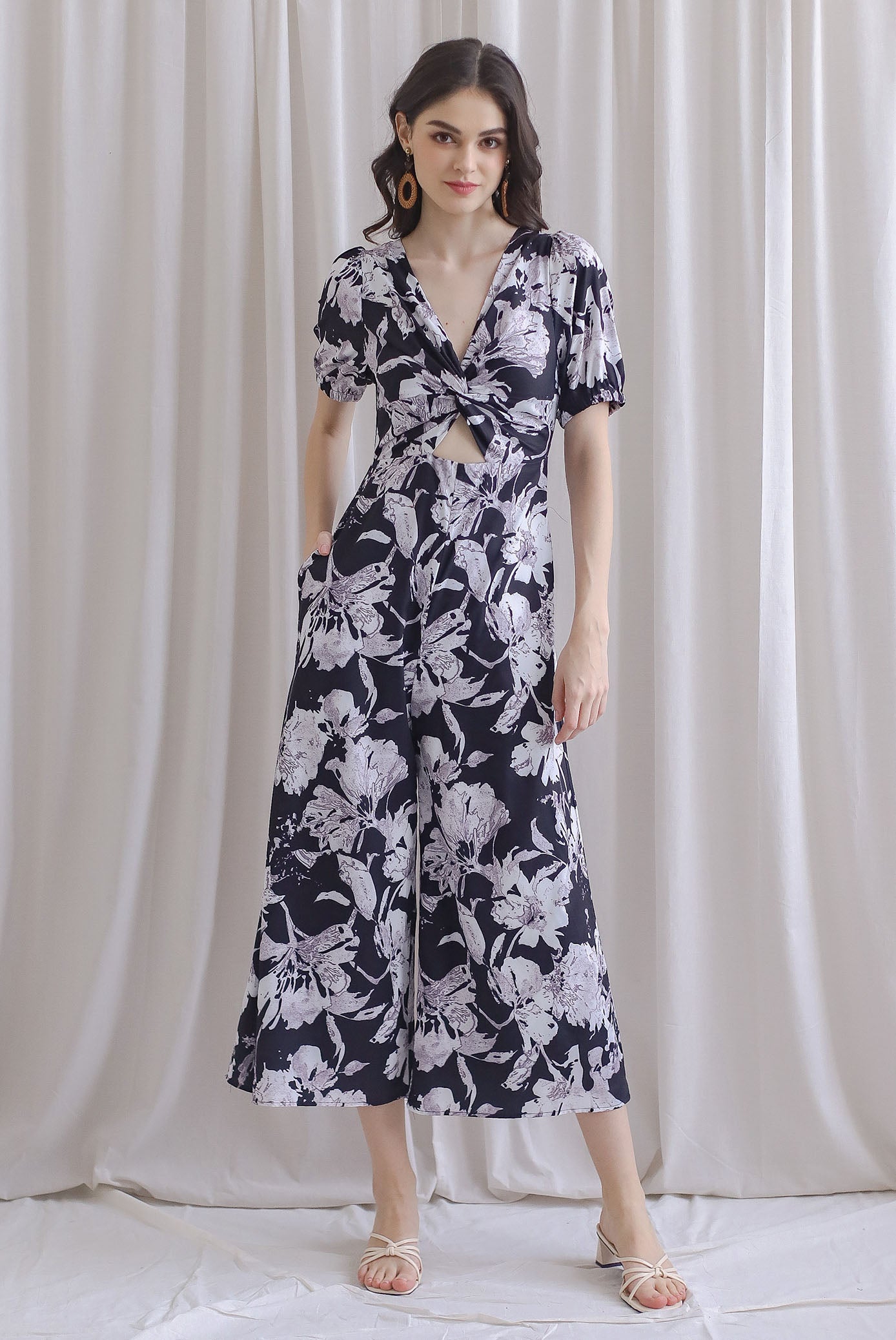 Reeve Twist Knot Cut Out Jumpsuit In Black Floral
