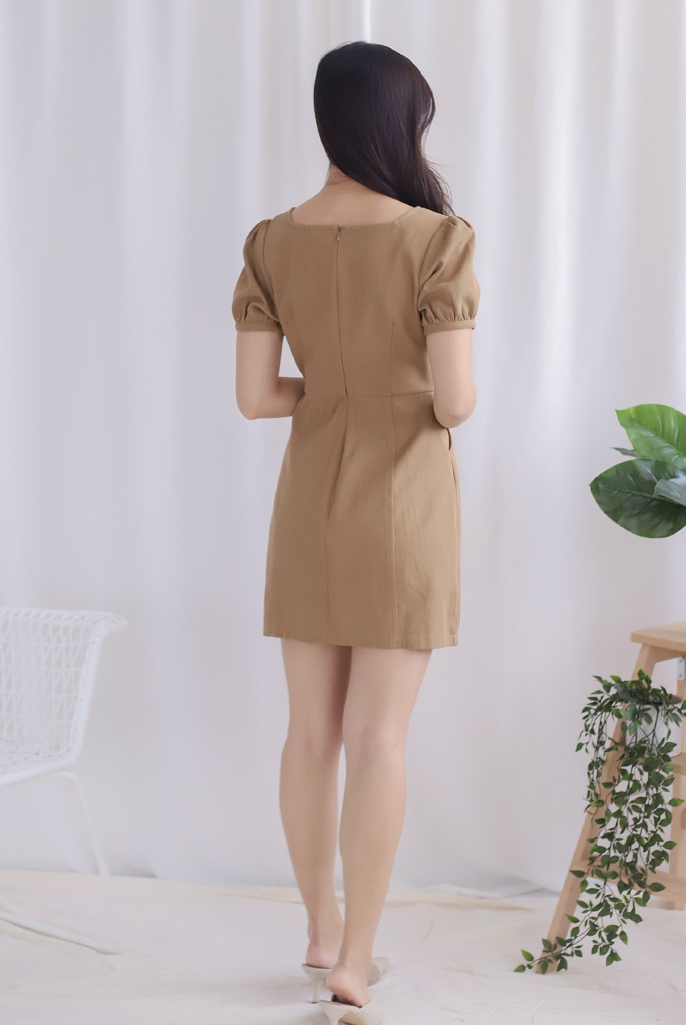Roselynn Faux Buttons Denim Dress In Camel – The Design Closets