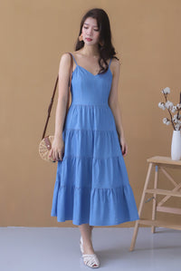 *Premium* Sevilla Sprag Tiered Denim Dress In Light Wash