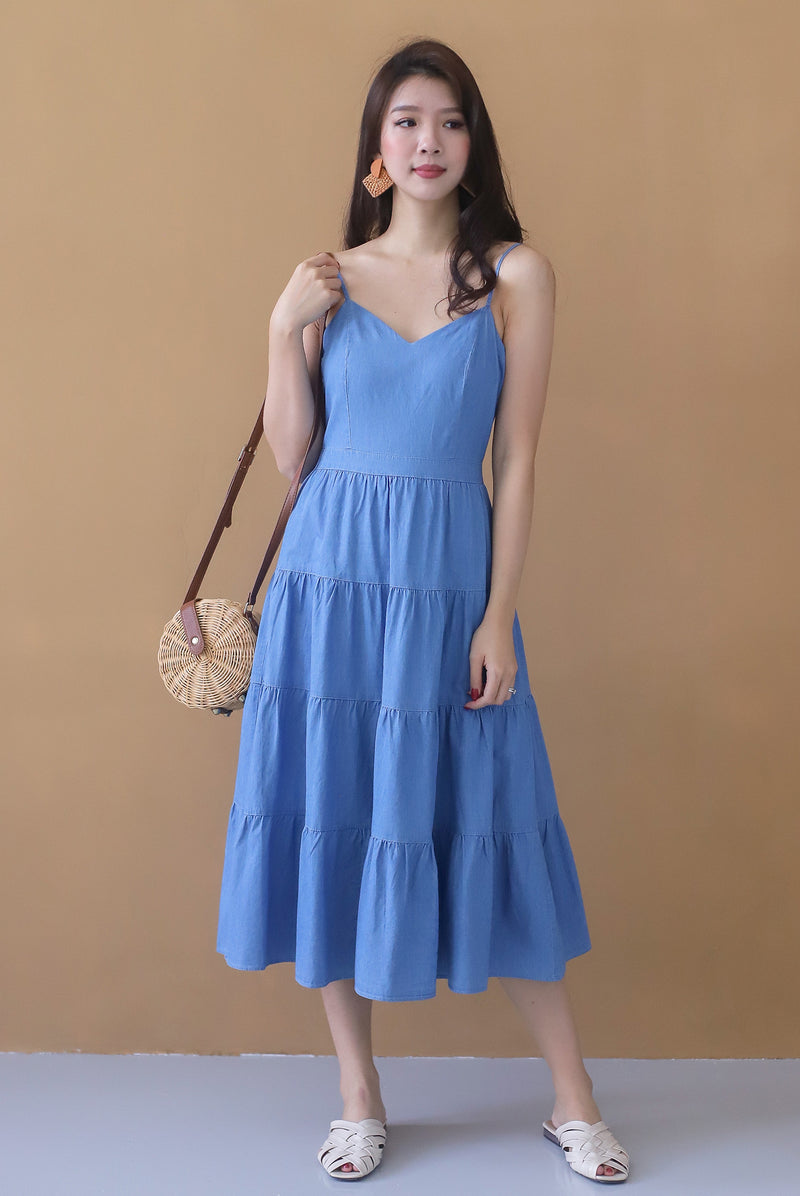 *Premium* Sevilla Sprag Tiered Denim Dress In Light Wash