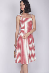 Shalice Linen Stripes Buttons Dress In Red