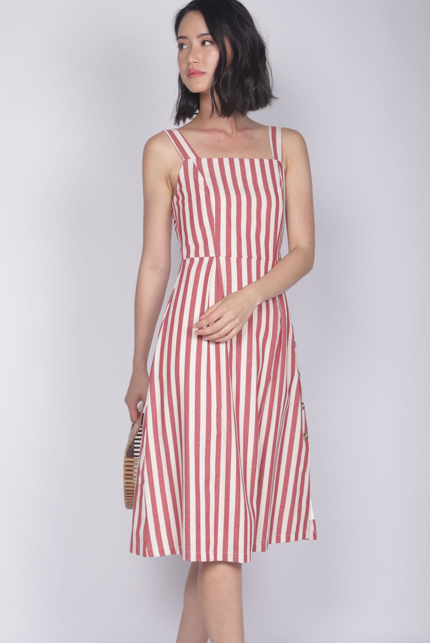 Shalice Linen Stripes Buttons Dress In Red