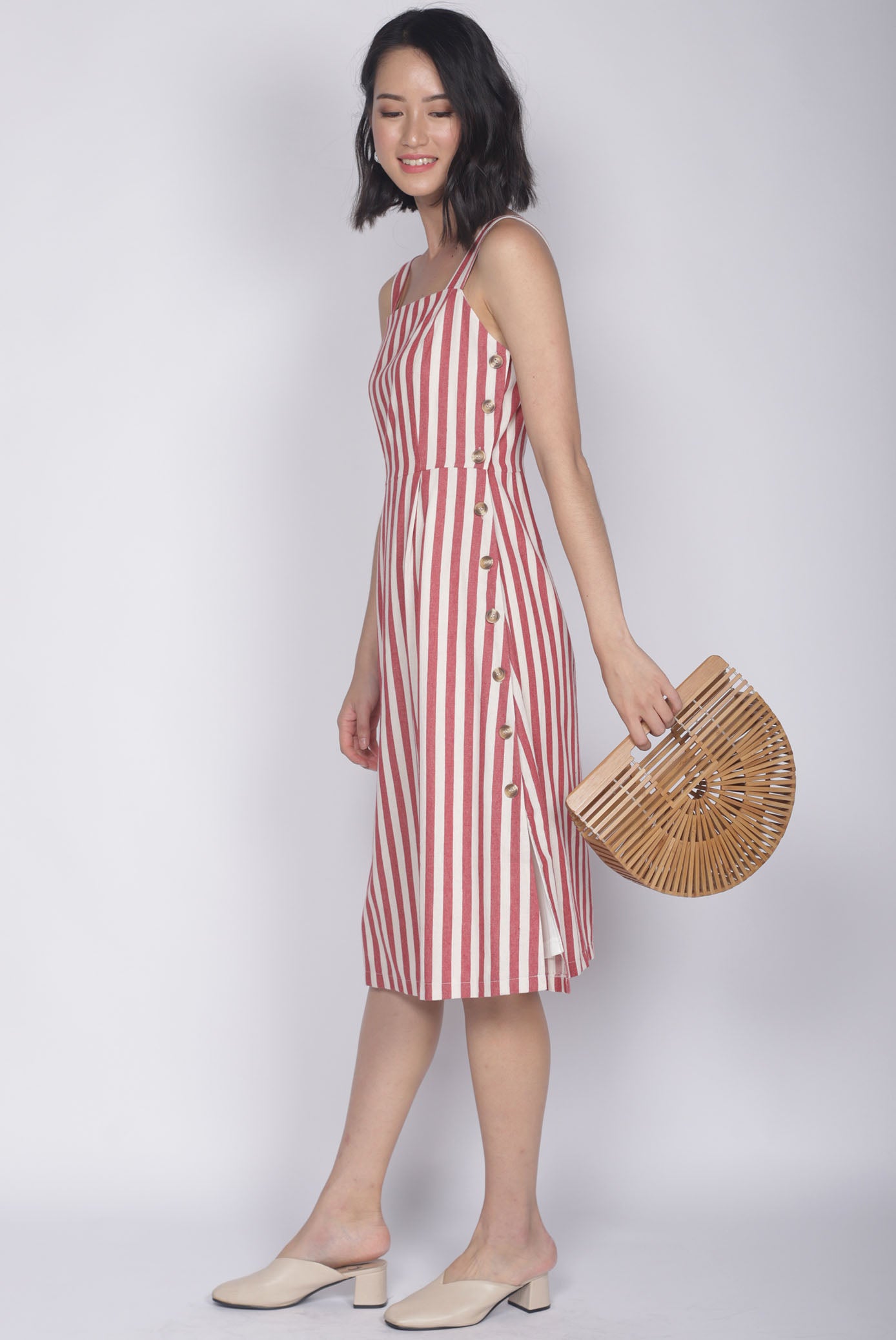 Shalice Linen Stripes Buttons Dress In Red