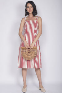 Shalice Linen Stripes Buttons Dress In Red