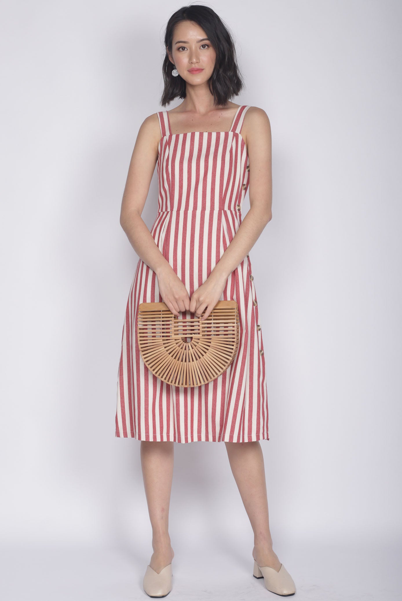 Shalice Linen Stripes Buttons Dress In Red