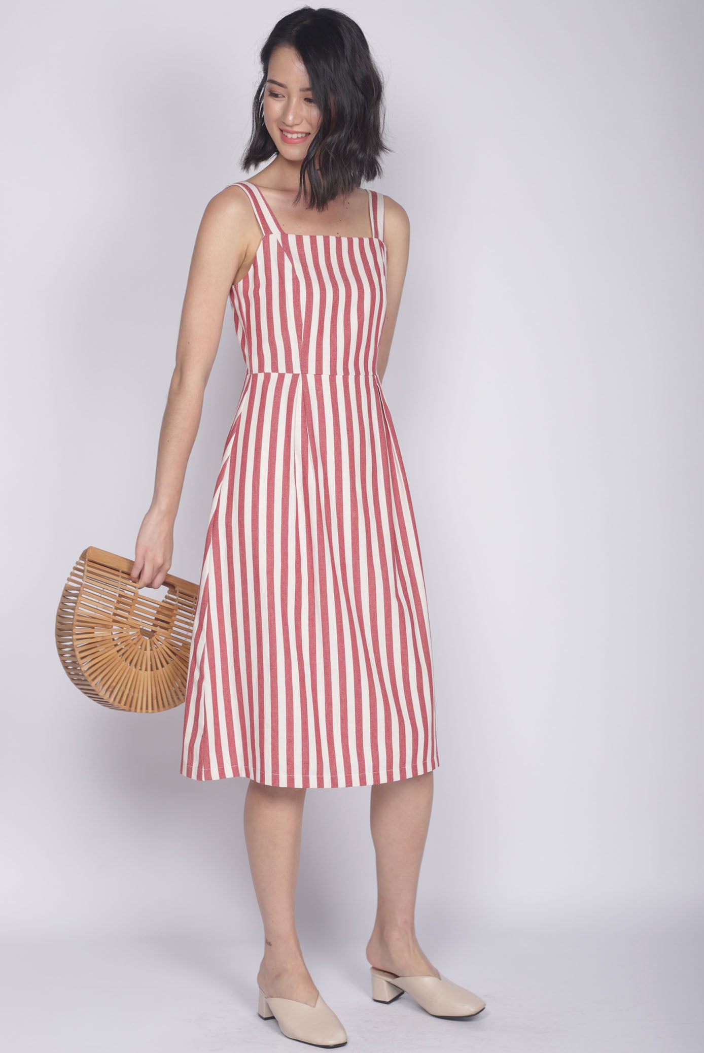 Shalice Linen Stripes Buttons Dress In Red