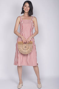 Shalice Linen Stripes Buttons Dress In Red