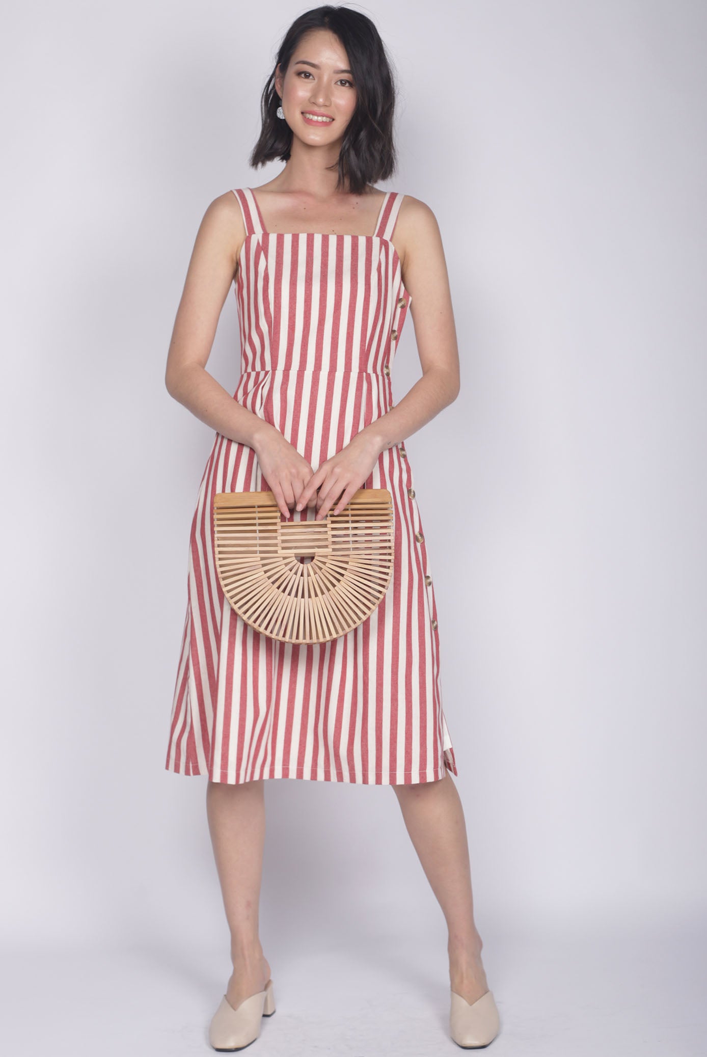 Shalice Linen Stripes Buttons Dress In Red