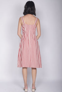 Shalice Linen Stripes Buttons Dress In Red