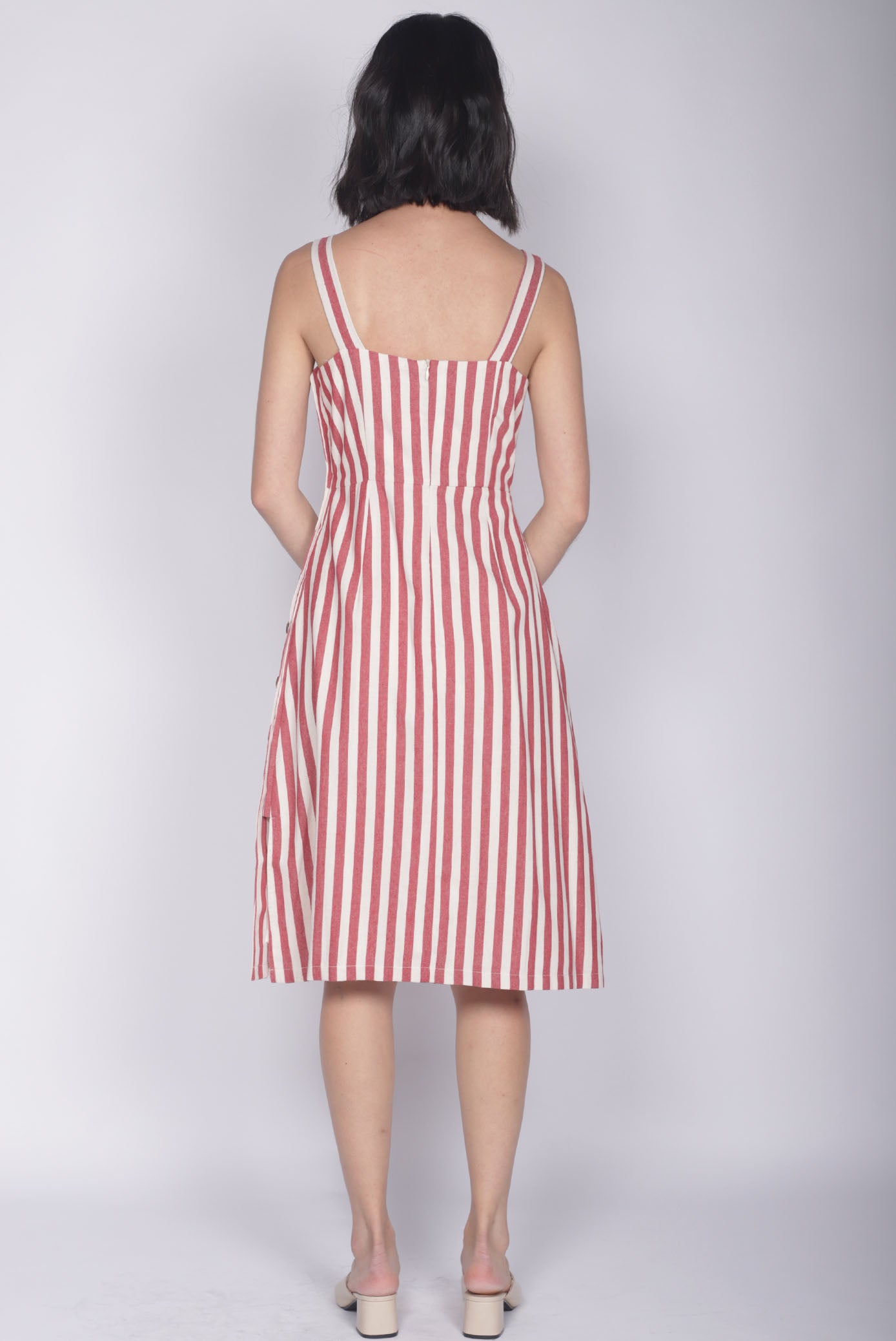 Shalice Linen Stripes Buttons Dress In Red