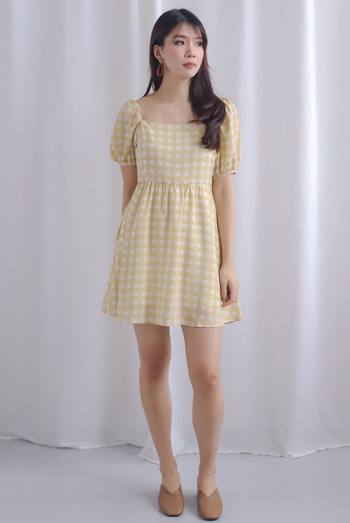 Sofia Plaid Puffy Sleeve Dress Romper In Yellow โ The Design Closets