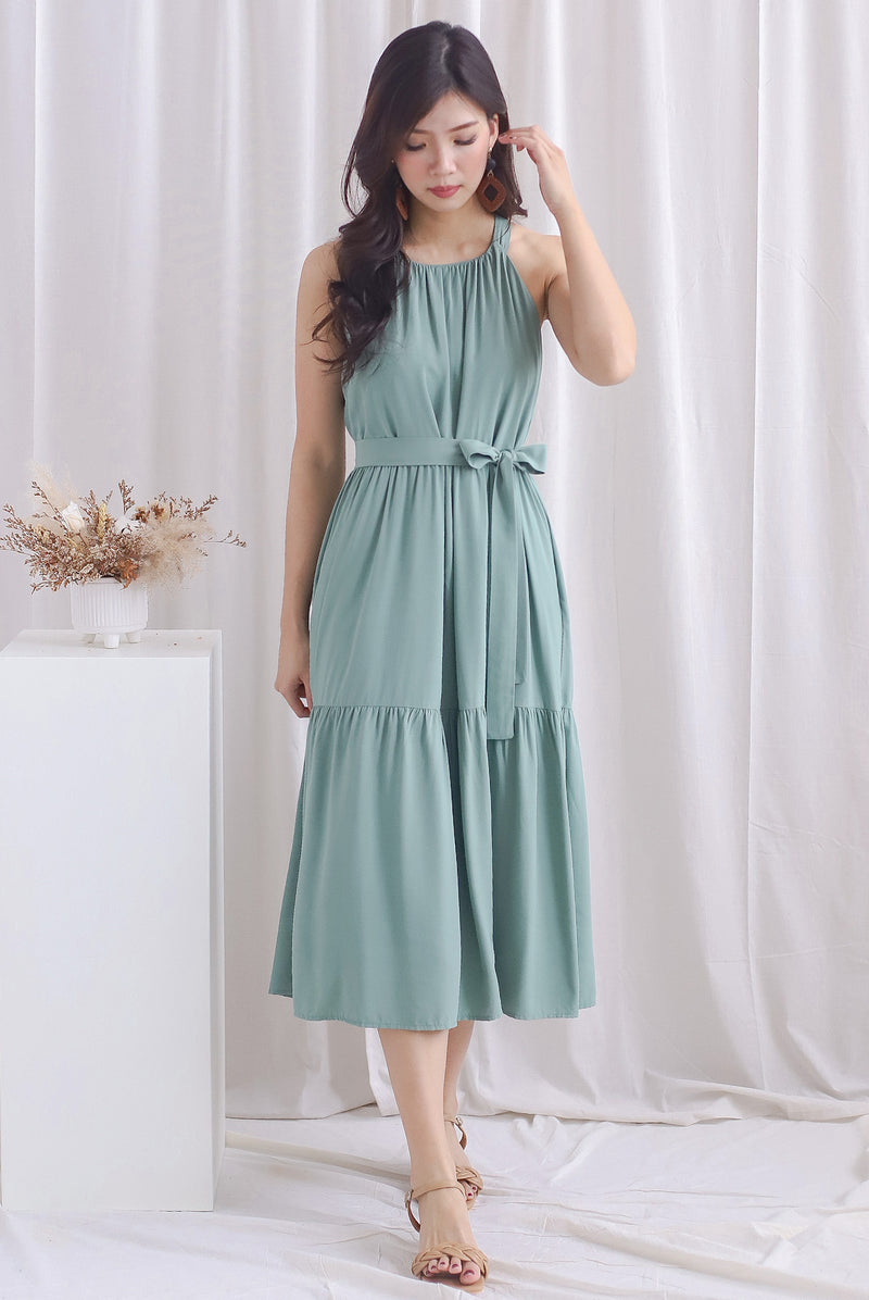 Sora Halter Neck Tier Midi Dress In Seafoam