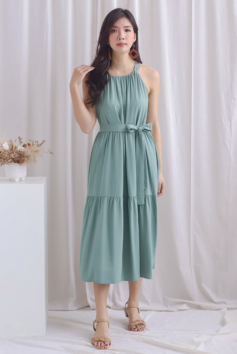 Sora Halter Neck Tier Midi Dress In Seafoam