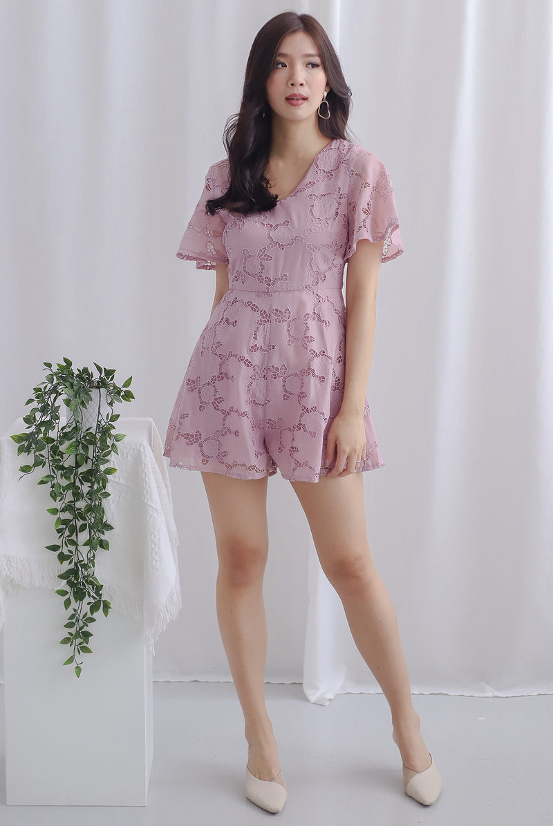 Starli Eyelet Embroidery Sleeved Romper In Blush