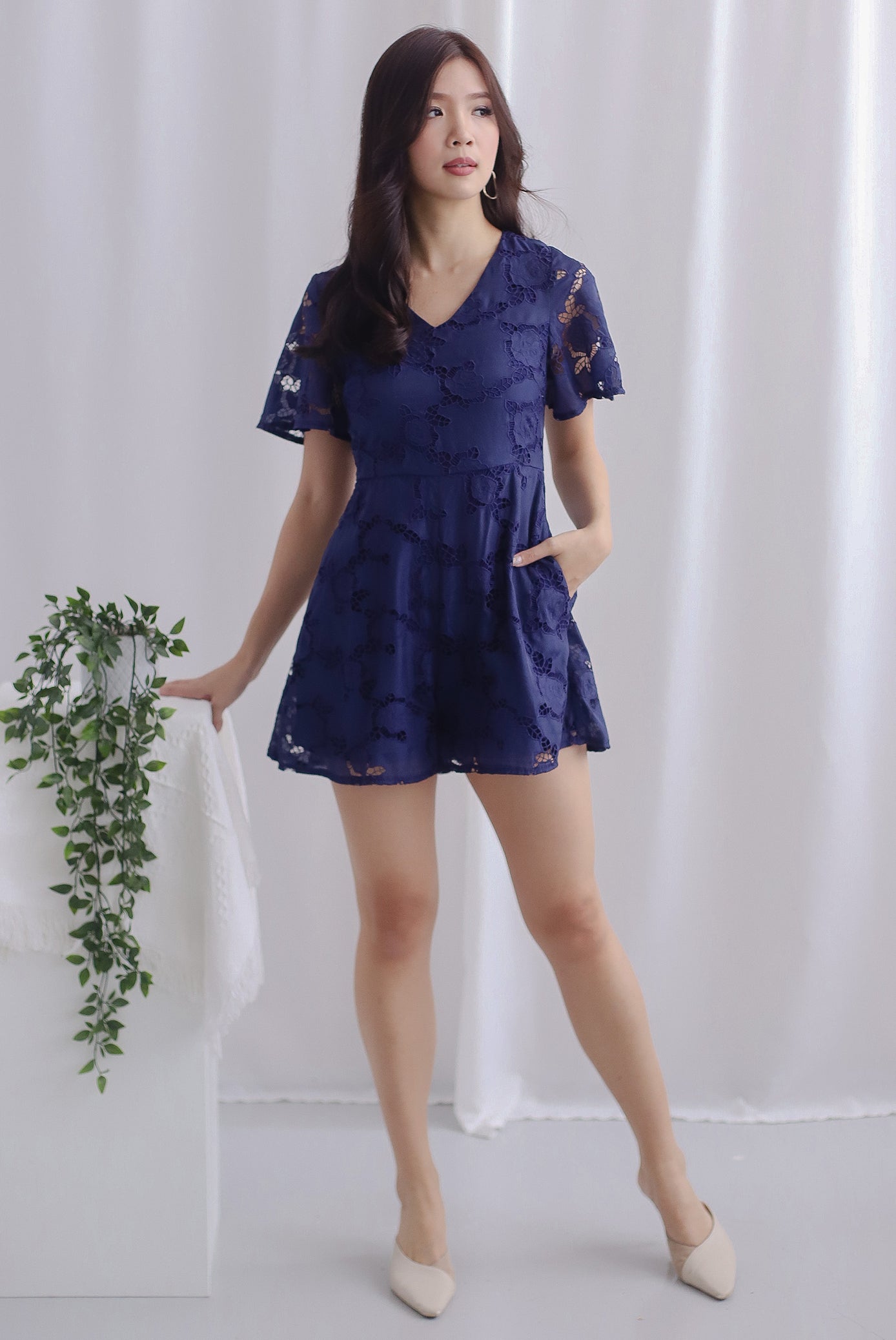 Starli Eyelet Embroidery Sleeved Romper In Navy Blue