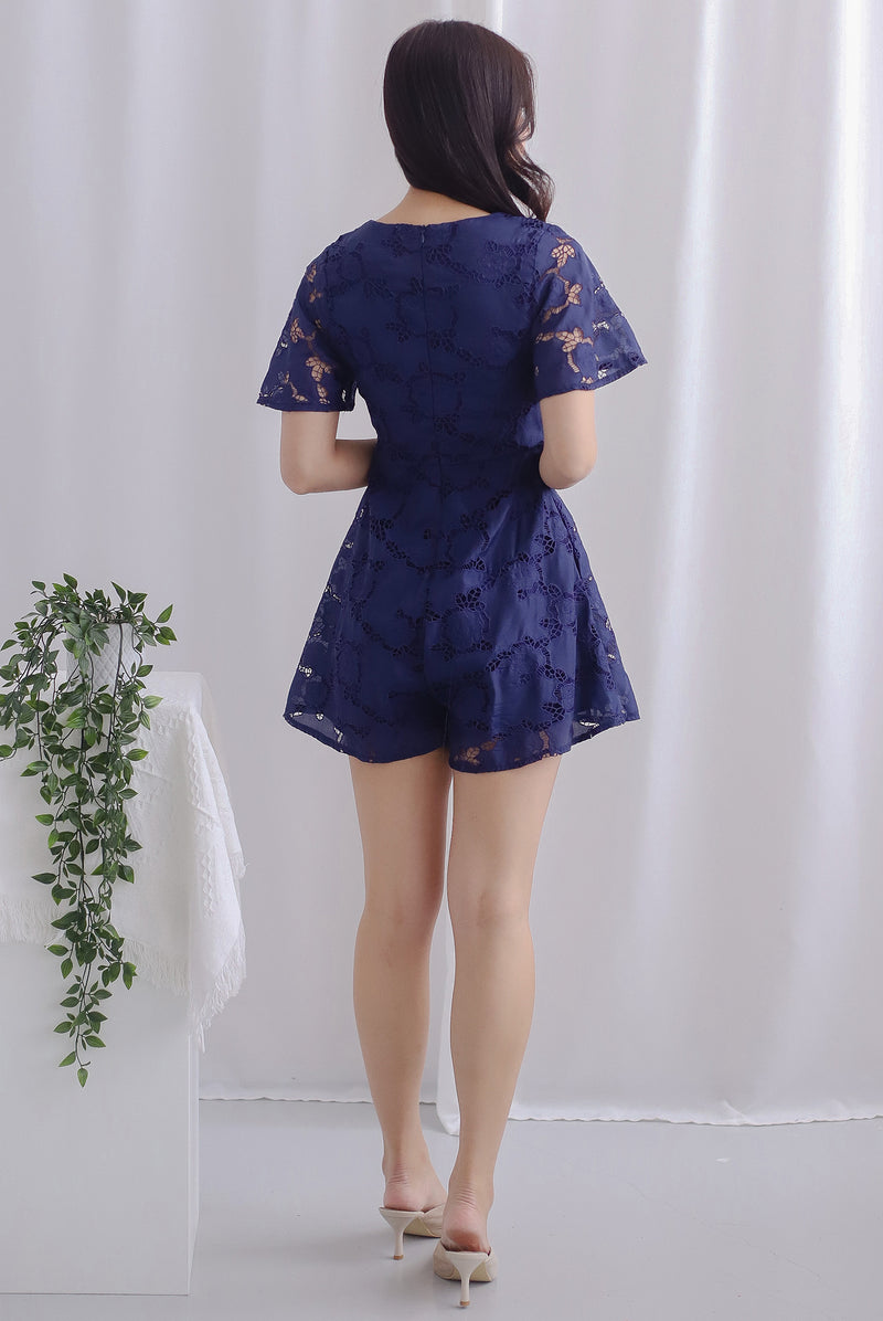 Starli Eyelet Embroidery Sleeved Romper In Navy Blue
