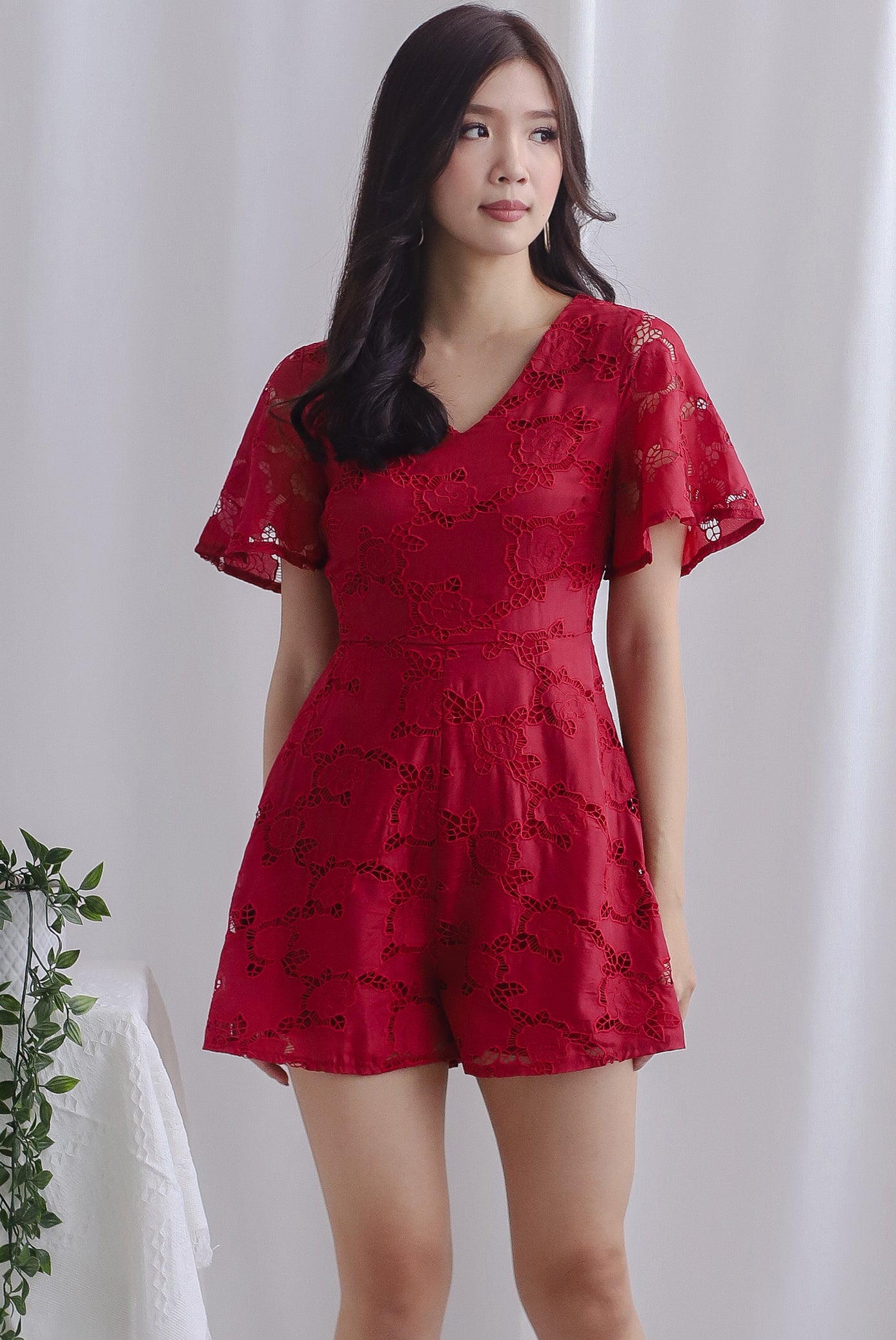 Starli Eyelet Embroidery Sleeved Romper In Wine Red