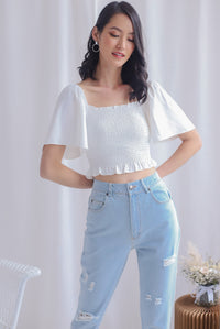 Stephi Flutter Sleeve Smocked Top In White