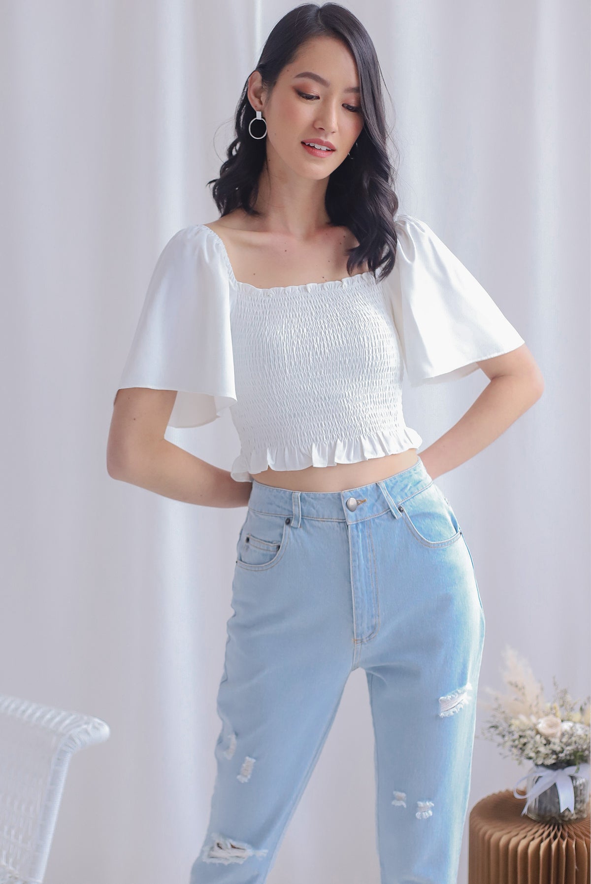 Stephi Flutter Sleeve Smocked Top In White