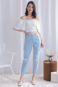 Stephi Flutter Sleeve Smocked Top In White