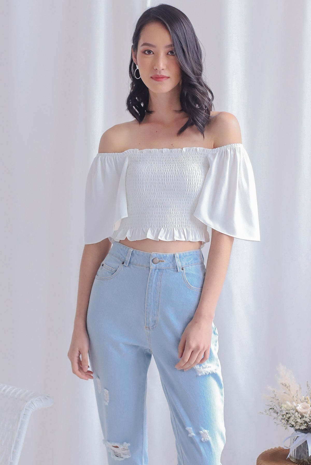 Stephi Flutter Sleeve Smocked Top In White