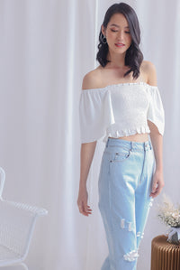 Stephi Flutter Sleeve Smocked Top In White