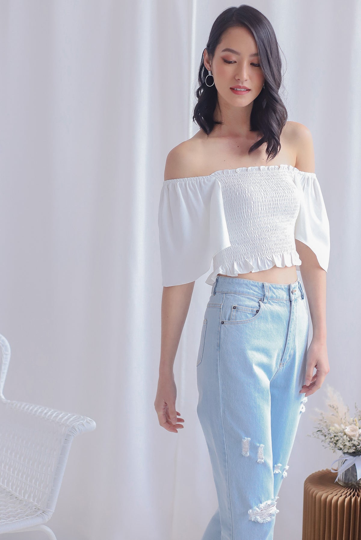 Stephi Flutter Sleeve Smocked Top In White