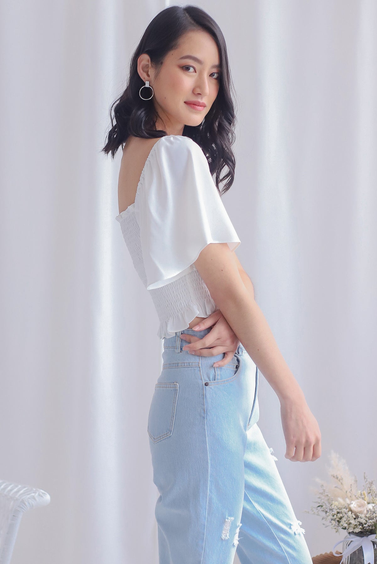 Stephi Flutter Sleeve Smocked Top In White