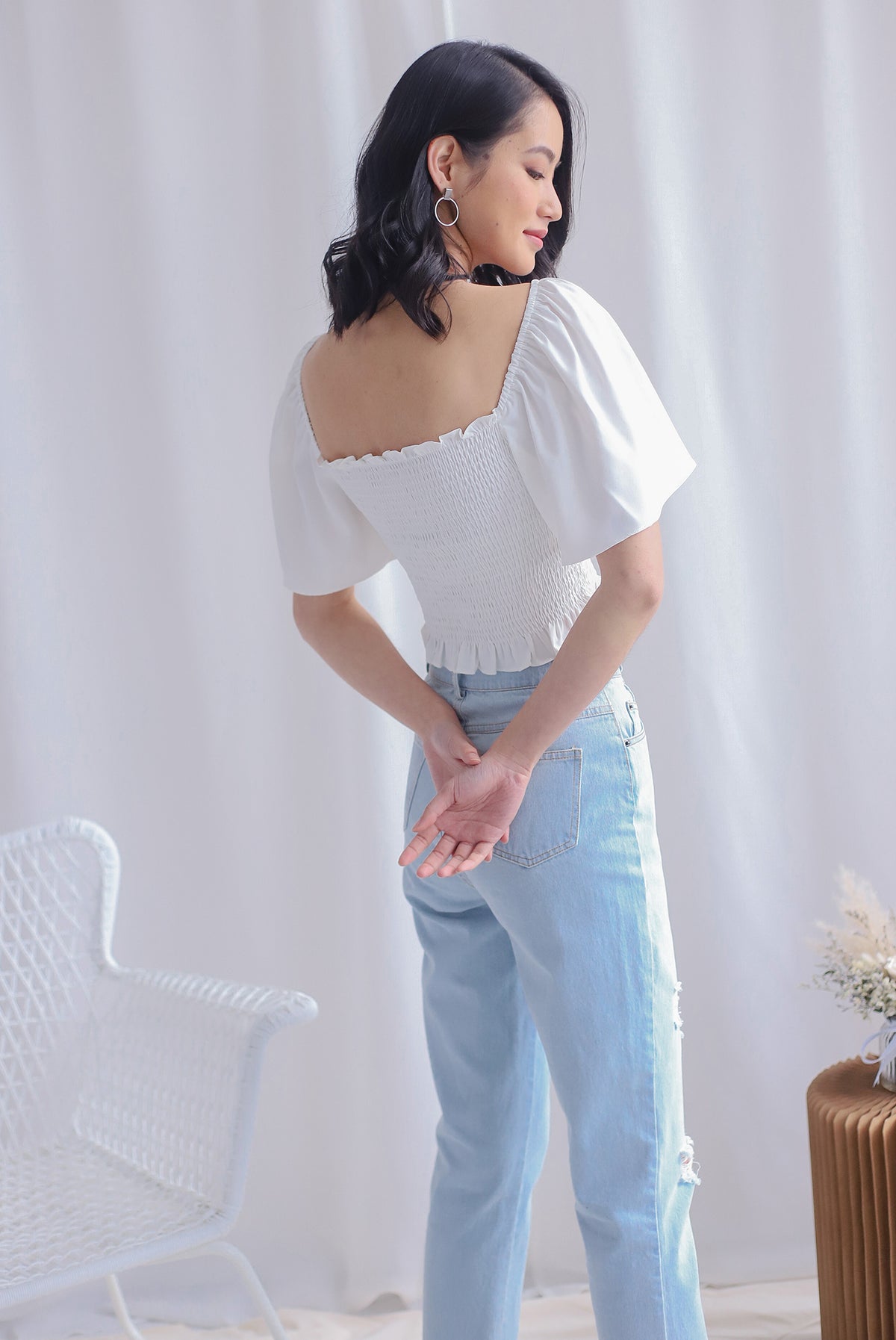 Stephi Flutter Sleeve Smocked Top In White