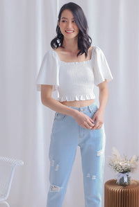 Stephi Flutter Sleeve Smocked Top In White