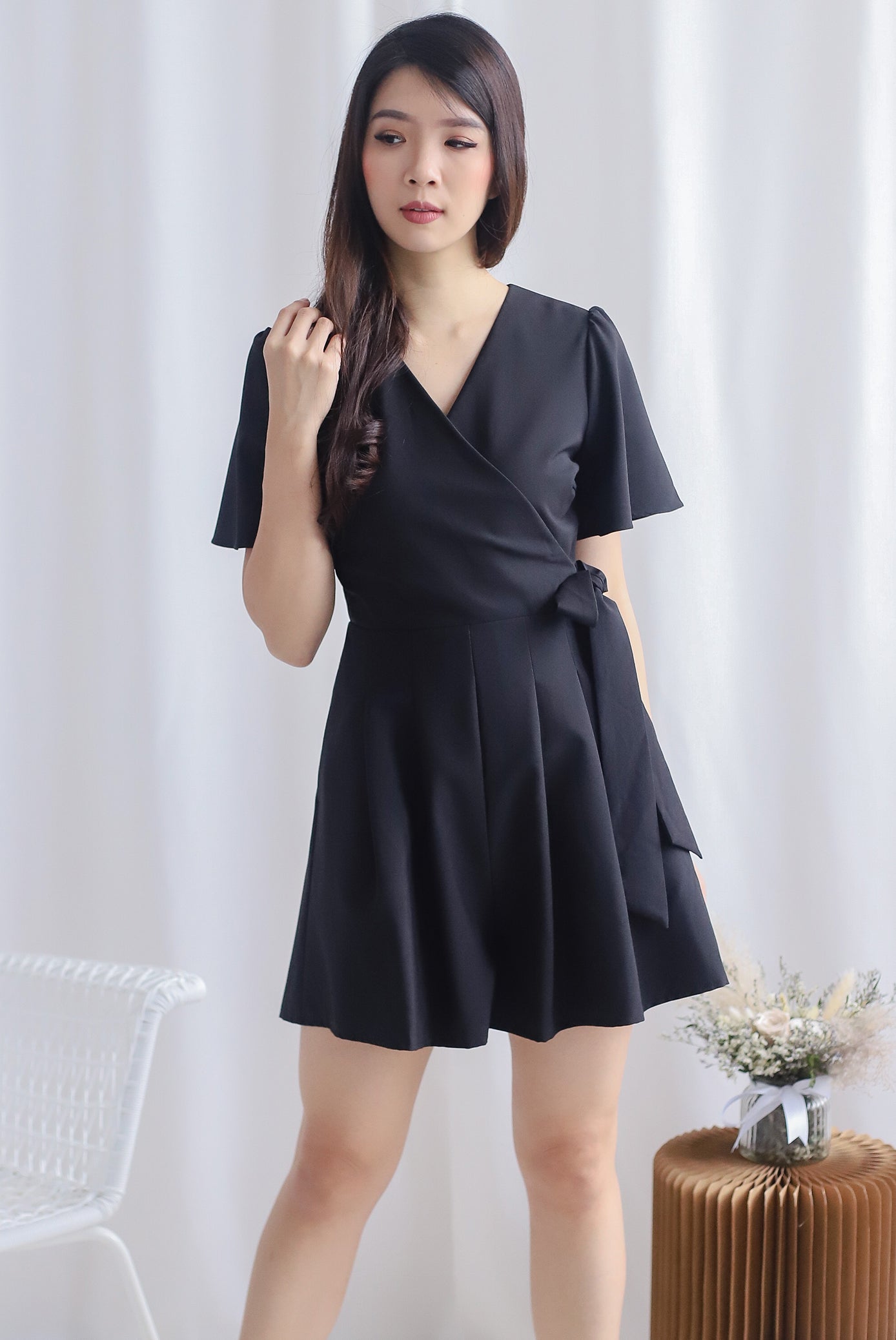 TDC Blossom Sleeved Romper In Black