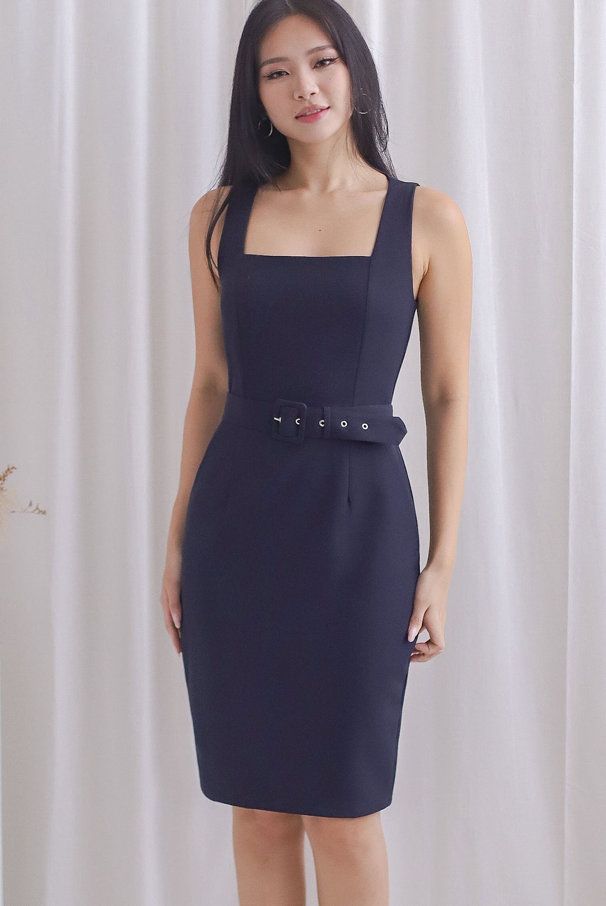 TDC Claude Square Neck Belted Work Dress In Midnight Blue