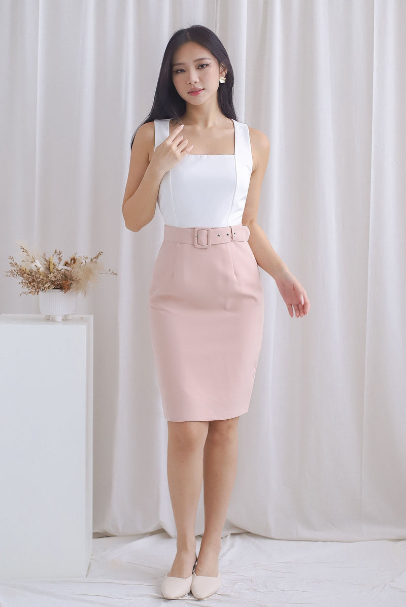 pink work dress TDC Claude Square Neck Belted Work Dress In White/Nude Pink – The Design Closets