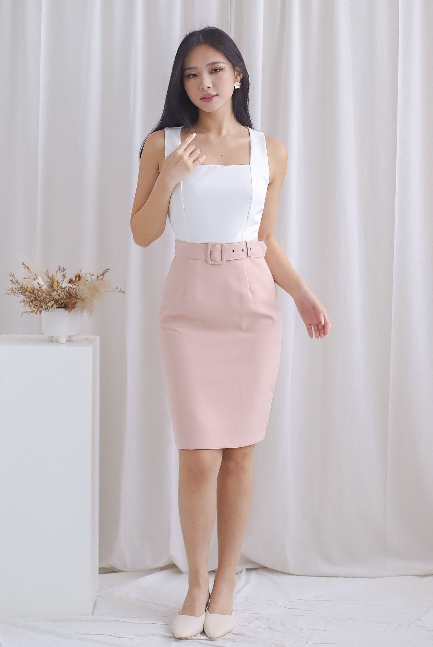 TDC Claude Square Neck Belted Work Dress In White/Nude Pink  The Design  Closets