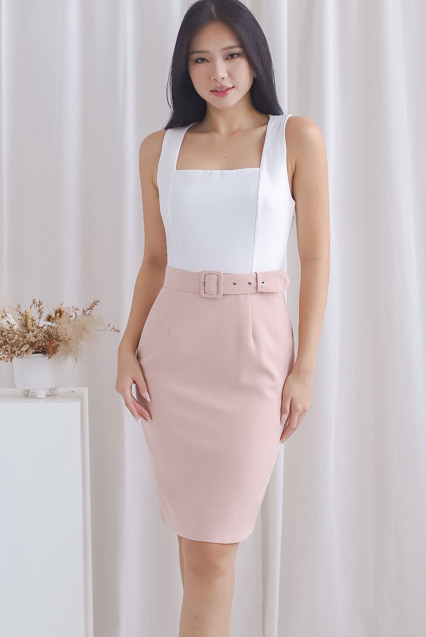 TDC Claude Square Neck Belted Work Dress In White/Nude Pink