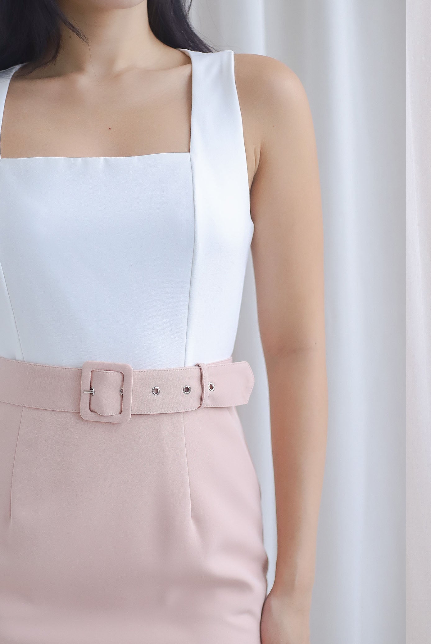 pink work dress TDC Claude Square Neck Belted Work Dress In White/Nude Pink – The Design Closets