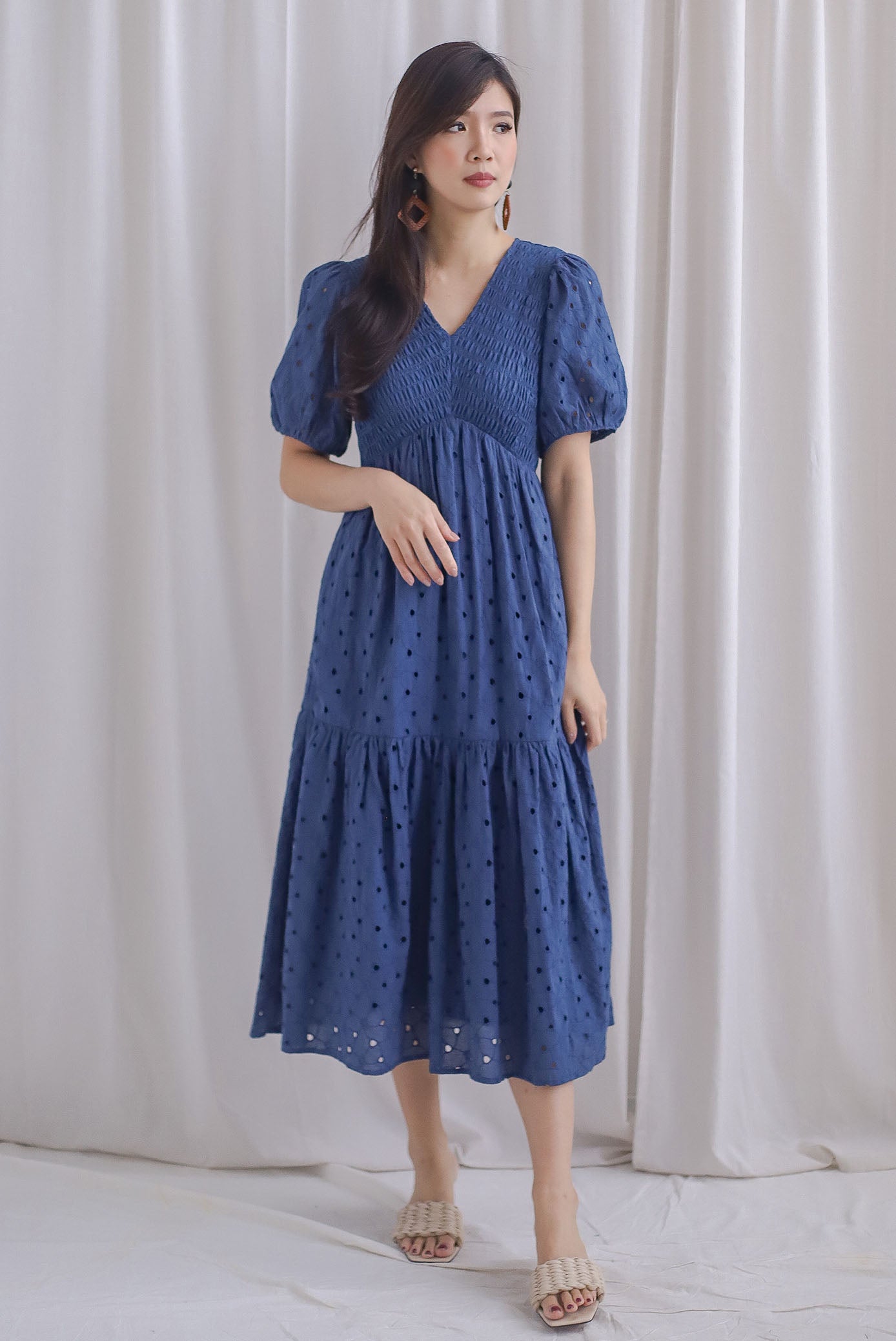 TDC Coraline Eyelet Smocked Empire Dress In Navy Blue - Size XS TDC Coraline Eyelet Smocked Empire Dress In Navy Blue - Size XS