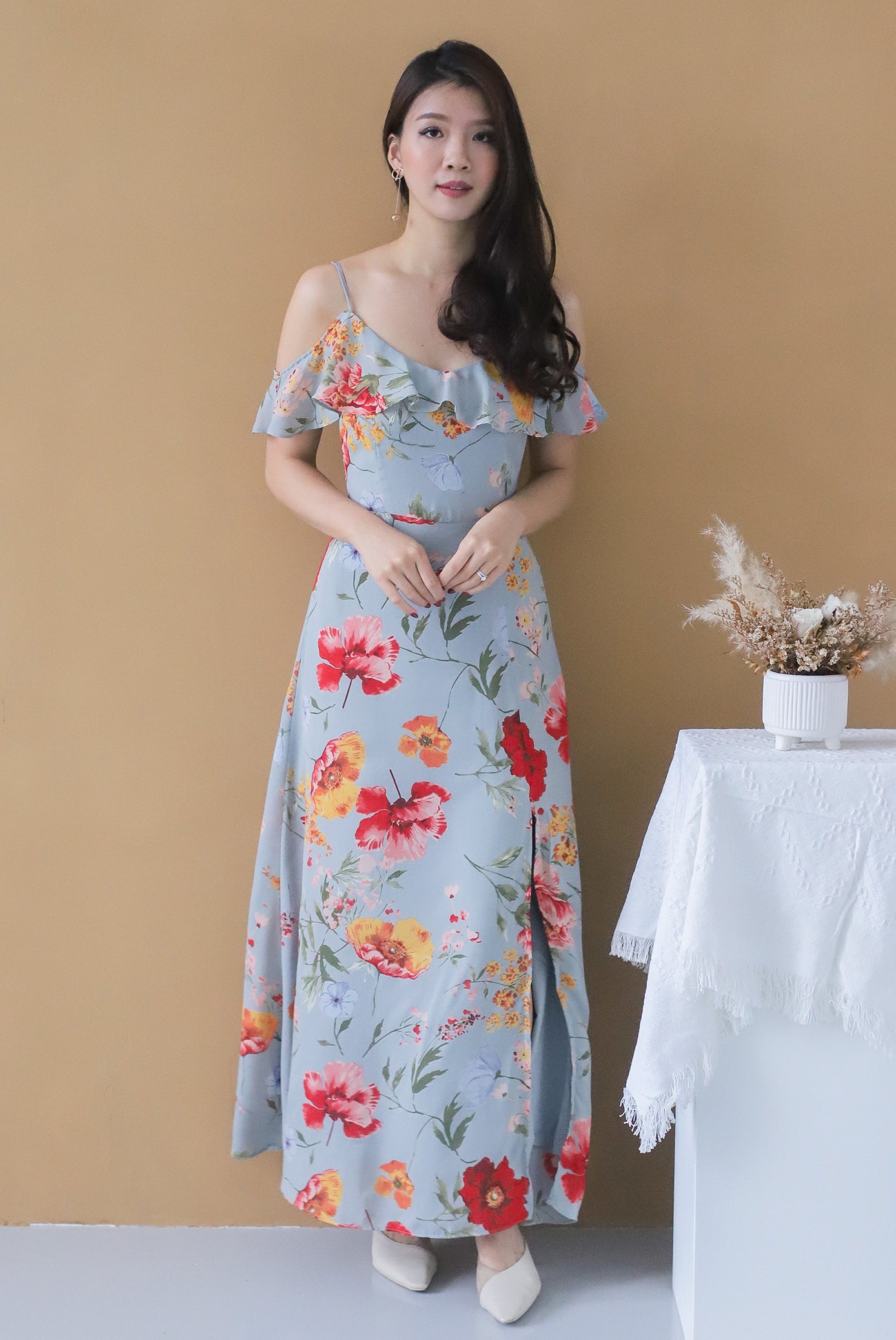 Premium* TDC Elessa Cold Shoulder Maxi Dress In Ash Blue The Design Closets Premium* TDC Elessa Cold Shoulder Maxi Dress In Ash Blue The Design Closets
