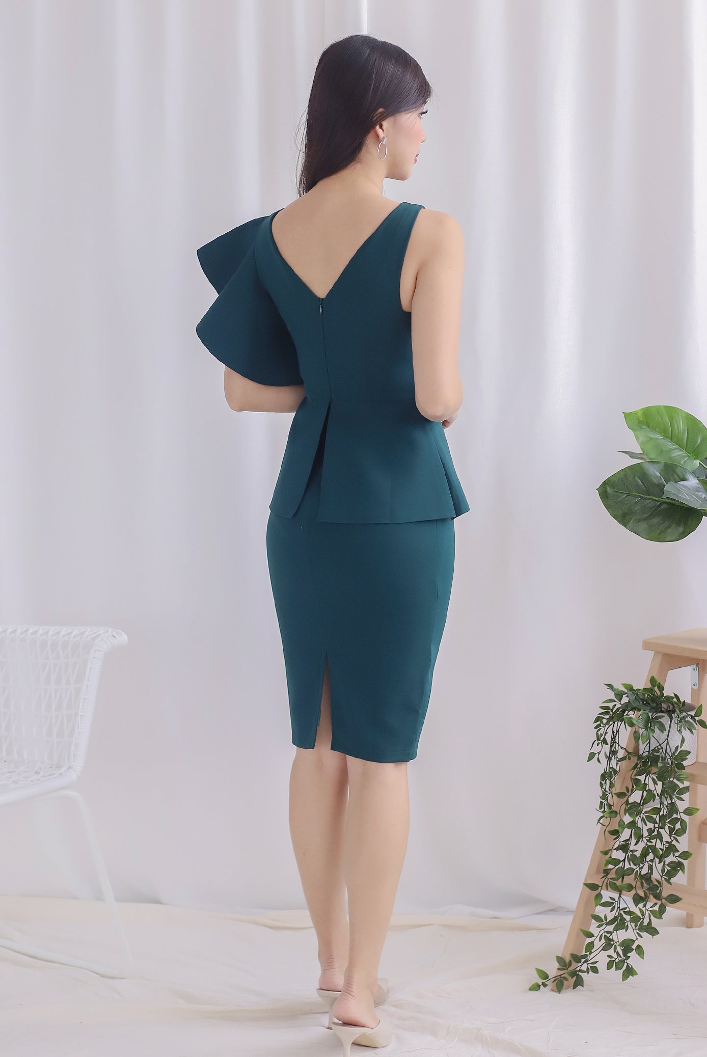 Premium* TDC Emalyn Toga Ruffle Dress In Forest Green The Design Closets Premium* TDC Emalyn Toga Ruffle Dress In Forest Green The Design Closets
