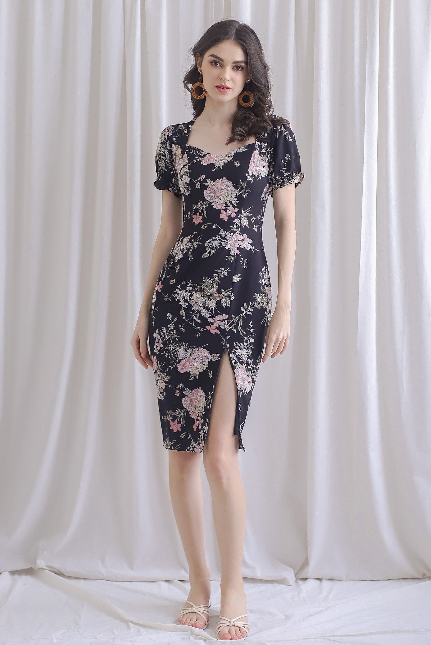 TDC Enola Diamond Neck Zip Slit Dress In Black Floral – The Design Closets